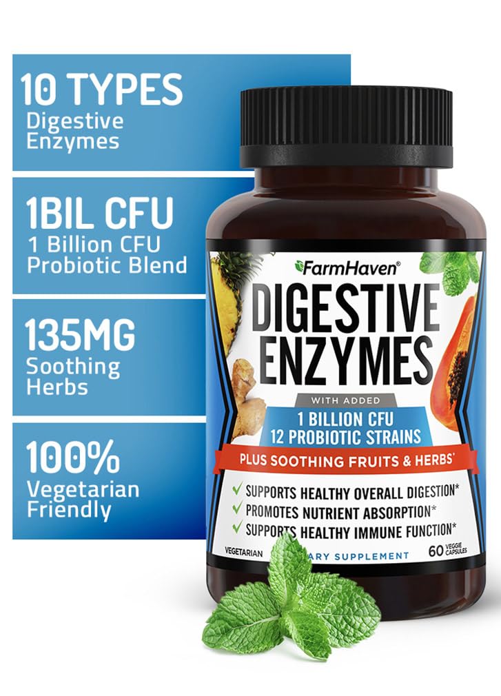 FarmHaven Digestive Enzymes with 18 Probiotics & Herbs | Papaya, Bromelain, Protease & More for Lactose Absorption & Better Digestion | Helps Bloating, Gas, Constipation | Vegetarian, 60 Capsules
