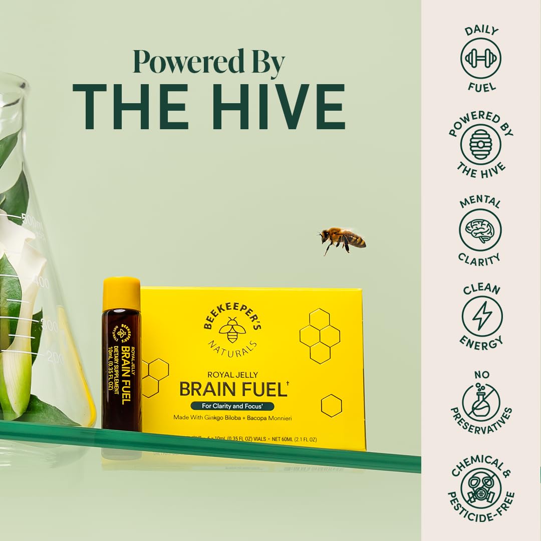 BEEKEEPER'S NATURALS B.LXR Brain Fuel - Memory, Focus and Clarity Liquid Formula, Supports Productivity Royal Jelly, Ginkgo Biloba, Bacopa Monnieri Keto Friendly, Gluten & Caffeine-Free, (6 ct)