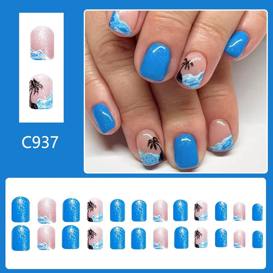 Short Press on Nails Summer Palm Tree Fake Nails Square Acrylic Nails Glossy Blue Glue on Nails with Sea Wave Beach Glitter Designs Stick on Nails Summer False Nails for Women Girls 24PCS