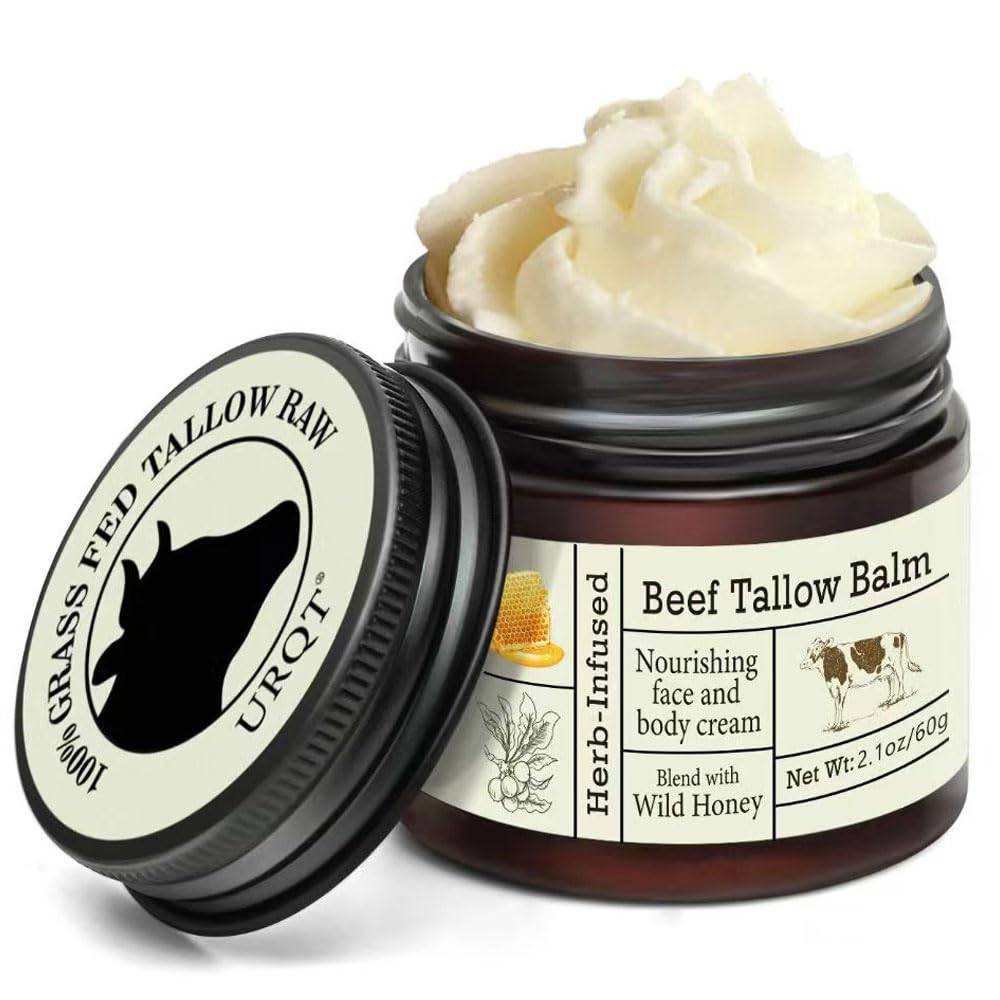 URQT Beef Tallow for Skin - Organic Grass-Fed Whipped Beef Tallow and Honey Balm - Deeply Moisturizing for Face & Body - Natural Skin Care for Soft, Supple Skin
