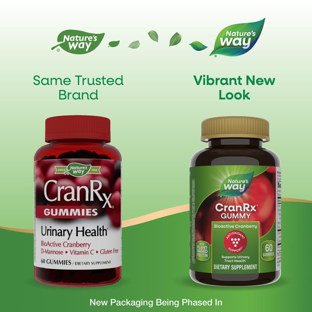Nature's Way CranRx Cranberry Gummies, Urinary Tract Health Support*, 100% Whole Cranberry Fruit Concentrate with D-Mannose, Vitamin C, 60 Gummies (Packaging May Vary)