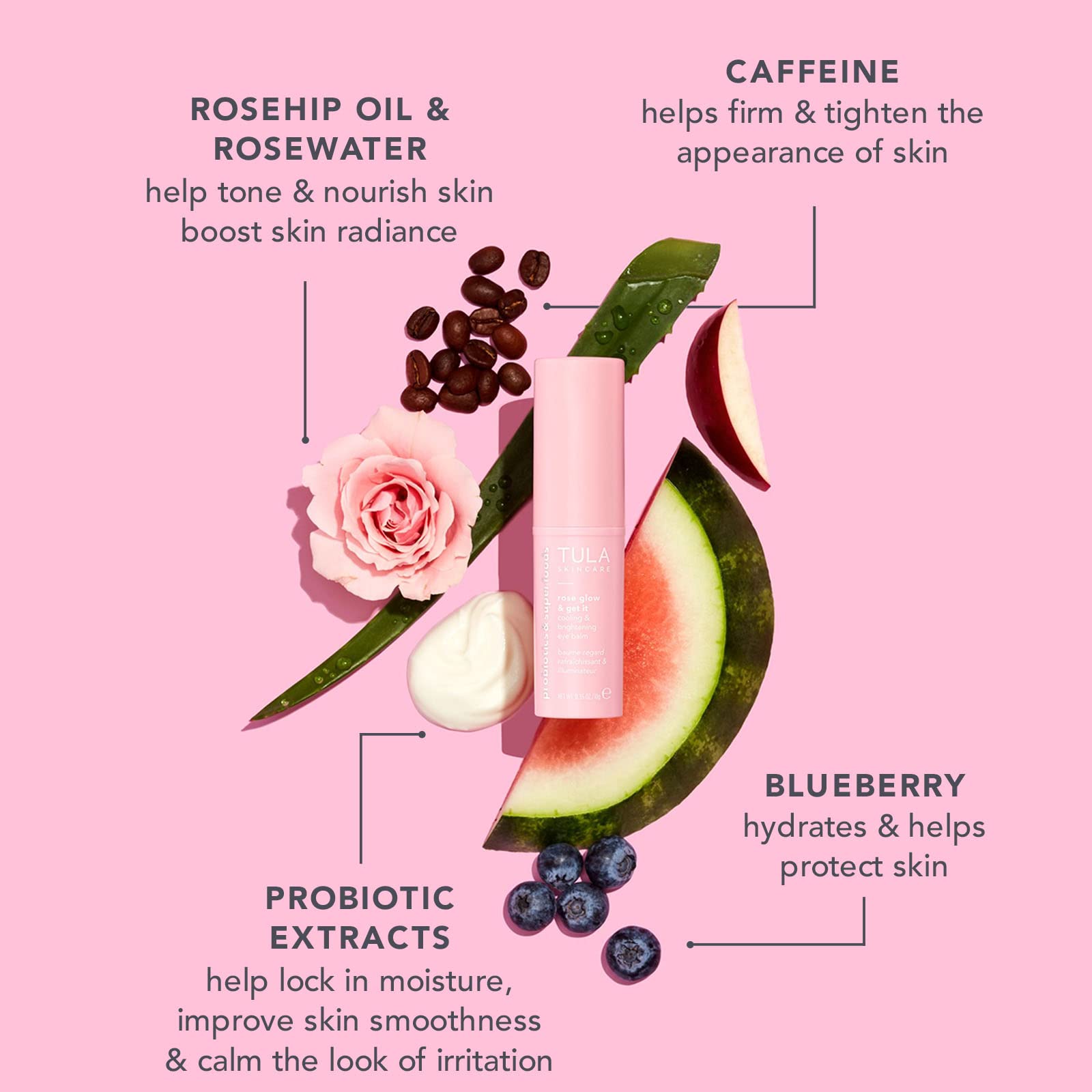 TULA Probiotic Skin Care Rose Glow & Get It Cooling & Brightening Eye Balm | Dark Circle Under Eye Treatment, Instantly Hydrate and Brighten Undereye Area, Perfect to Use On-the-go | 0.35 oz