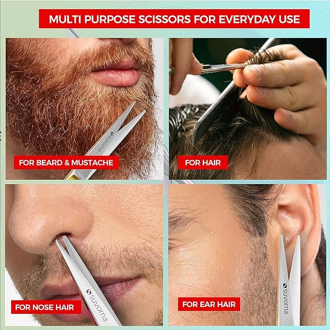 Suvorna small scissors for beard, mustache, facial, nose, eyebrow, and ear hair - Hair scissors for cutting, trimming & grooming - Made with 4.5 stainless steel for barbers, professional, & home user