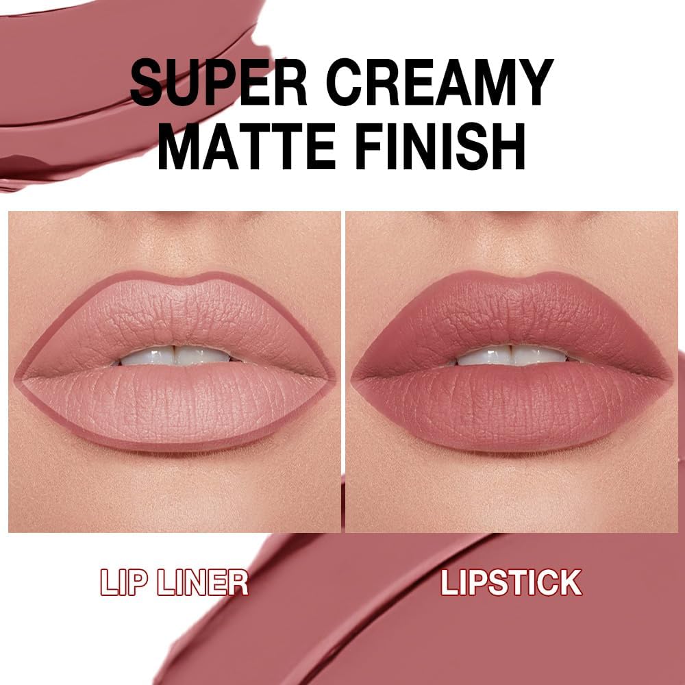 evpct Antique Rose Matte Lip Liner and Lipstick Combo Set for Women Long Lasting, Light Dusty Rose Matte Cream Gradient Lipstick and Lip Liner Crayon Contour Pencil Makeup, Flawless Ombre Effect