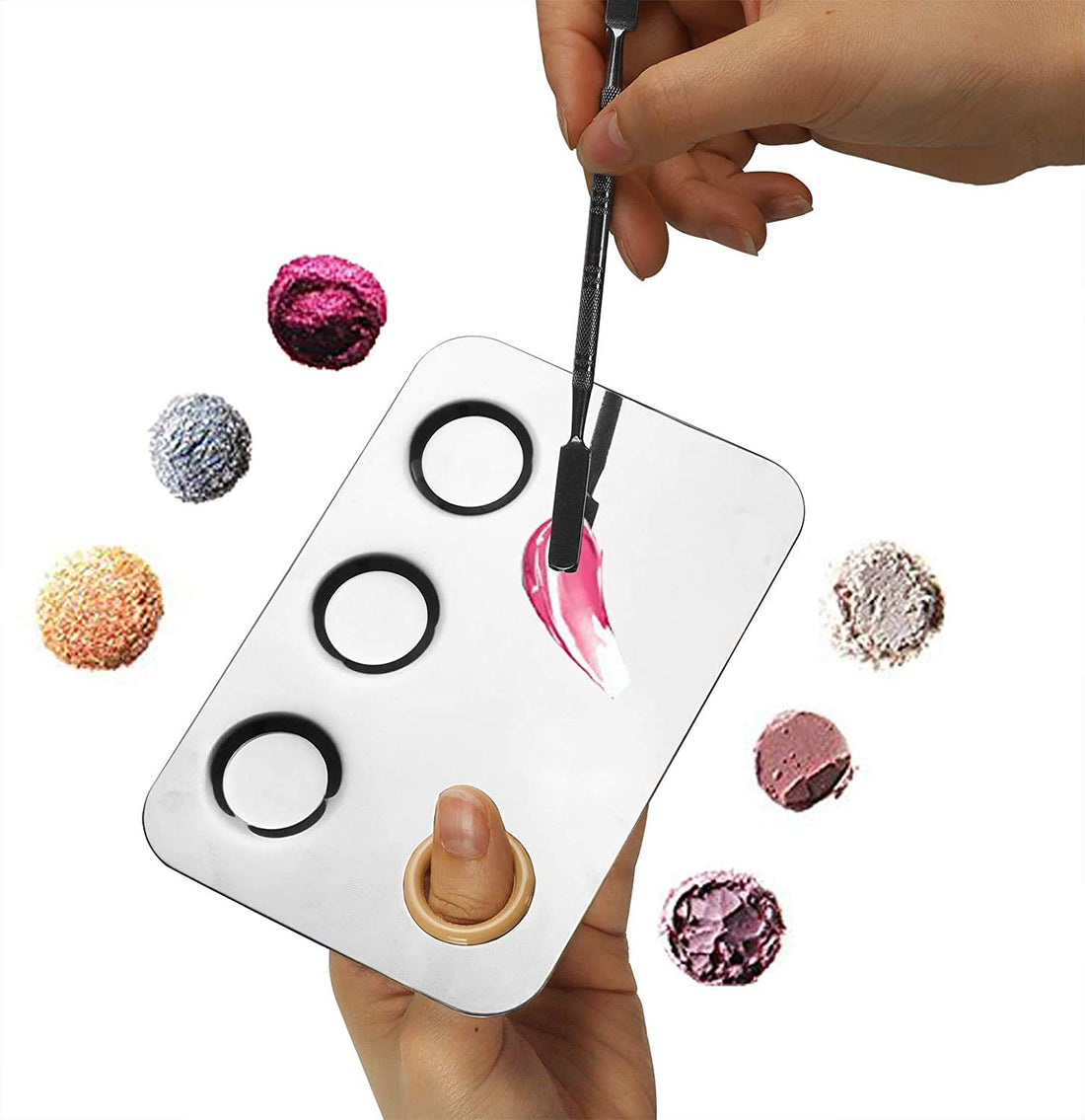 PrettyDate Makeup Palette 6x4inch Stainless Steel 3-well Nail-art Cosmetic Artist Mixing Palette with Spatula Tool for Mixing Foundation Silver