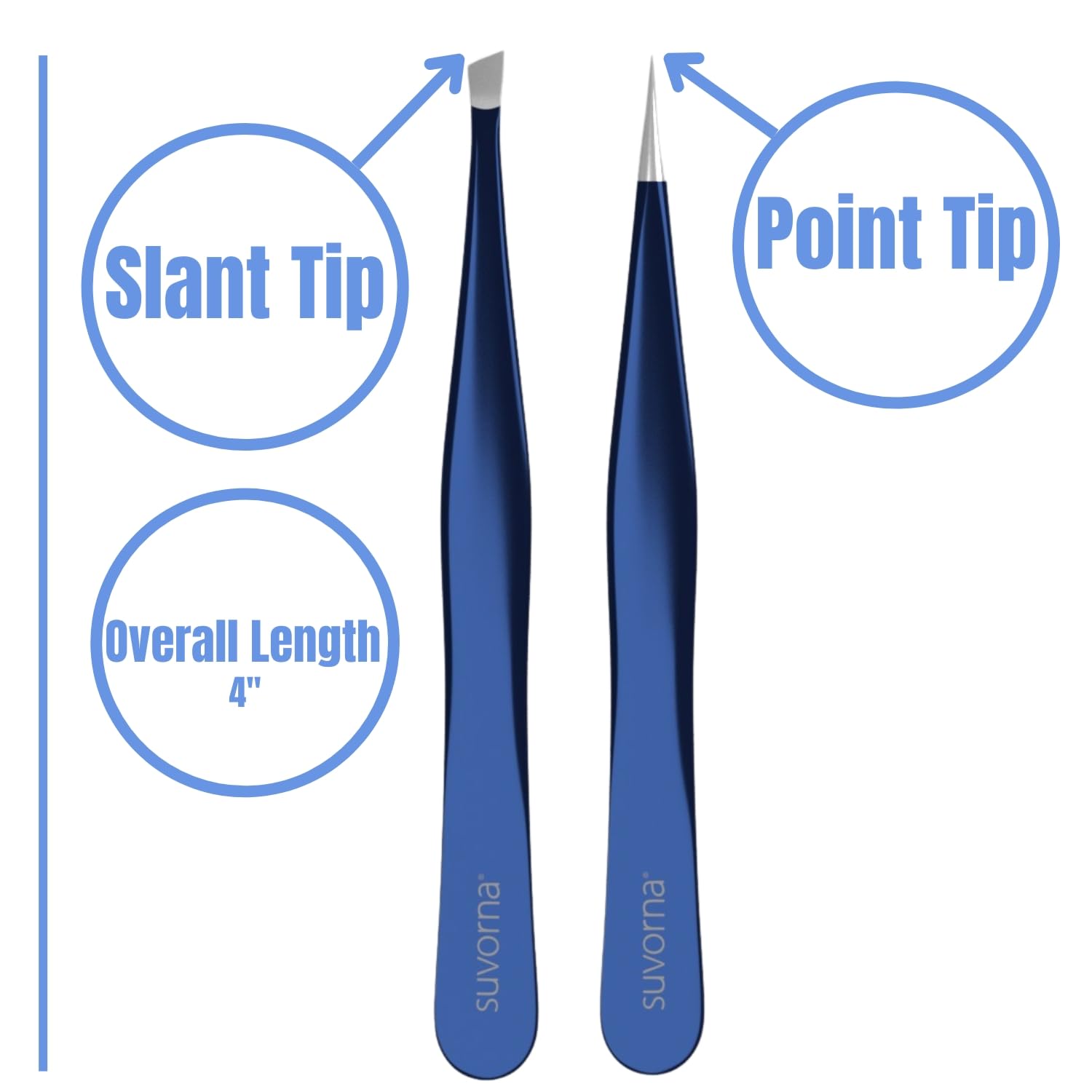 Suvorna 4 Precision Aligned Professional Tweezers Color Sets with Premium Stainless Steel. One Sharp Pointed Pair and One Slant Tip Pair for Eyebrow Shaping. Great for Ingrown Hair. (Blue)