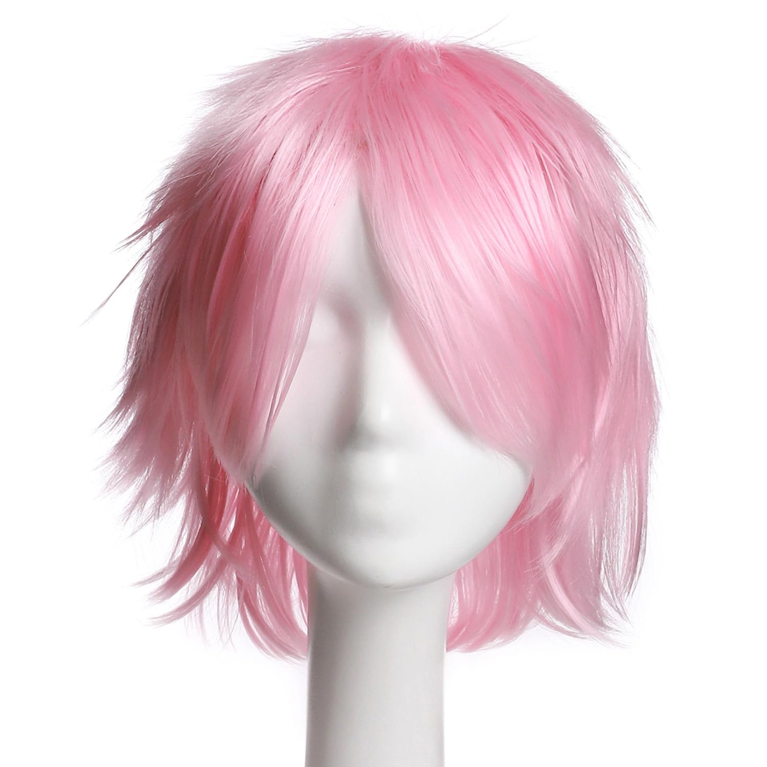 Short Anime Cosplay Wigs for Women and Men Unisex Halloween Costume Pink Wig Oblique Bangs + One elastic wig cap for free