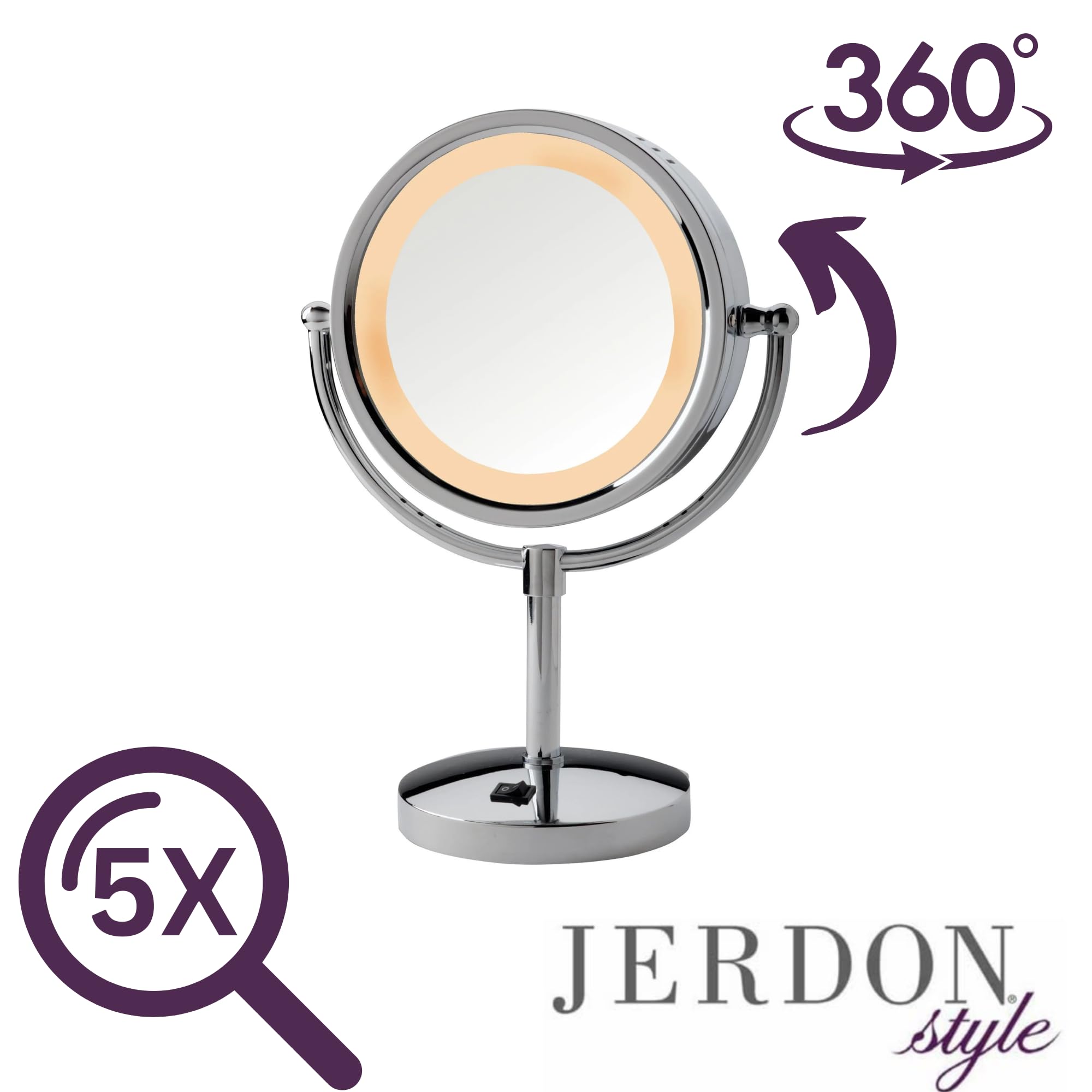 Jerdon HL745CO 8.5-Inch Halo Lighted Vanity Mirror with 5x Magnification, Chrome Finish