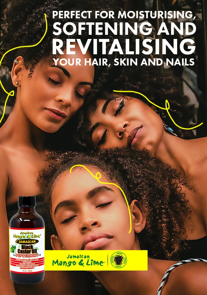 Peppermint Black Castor oil – Jamaican Mango & Lime – fast absorbing, nourishing natural oil, moisturizes dry flaky scalp & softens skin - relieves itching, repair & prevent breakage 4 oz