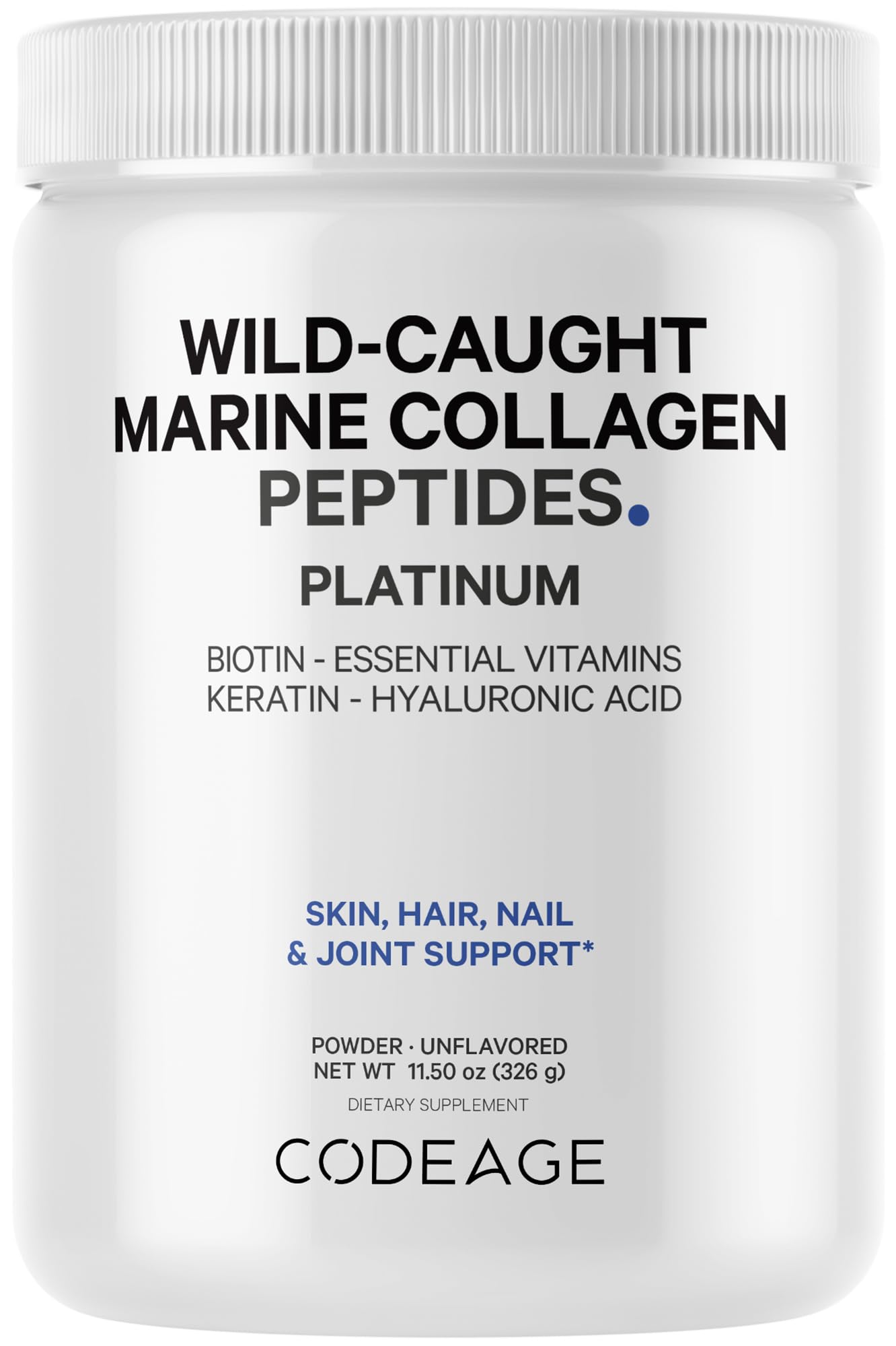 Codeage Marine Collagen Protein Powder Supplement Platinum - Biotin 10,000 mcg, Vitamin C, D3 & B6, Keratin, Hyaluronic Acid, Niacin, Wild Caught Hydrolyzed Fish Collagen Peptides - Non-GMO - 11.50 oz