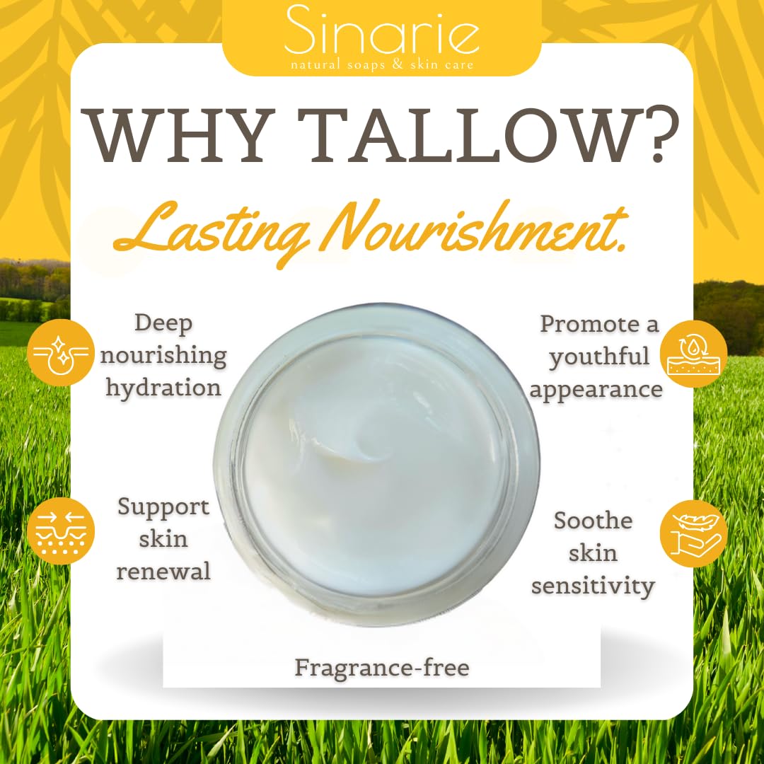 Sinarie Grass-Fed Beef Tallow Body Butter - Emulsified, Non-Greasy Moisturizer, 4 oz Soaps & Skin Care (4 oz., Unscented)