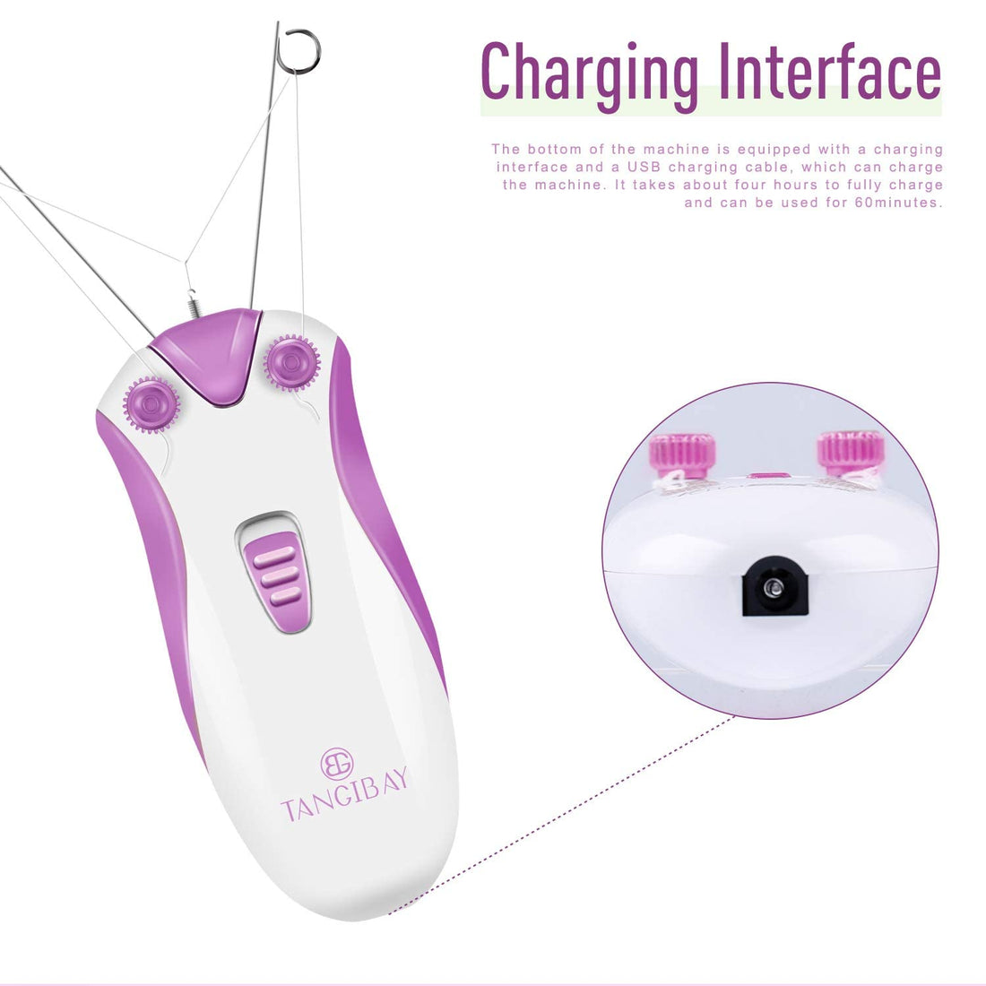TANGIBAY Facial Threading Hair Removal and Cotton Thread Face Epilator for Women and Ladies, Electric Cordless and Rechargeable (Rose Purple)