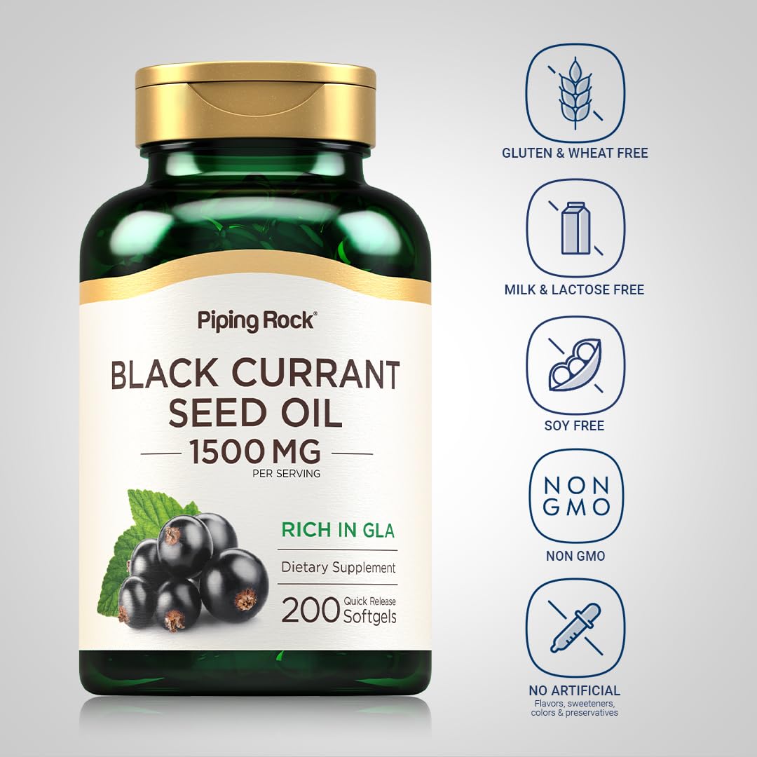 Piping Rock Black Currant Seed Oil Softgel Capsules | 1500mg | 200 Count | with Gamma Linolenic Acid (GLA) | Non-GMO, Gluten Free Supplement