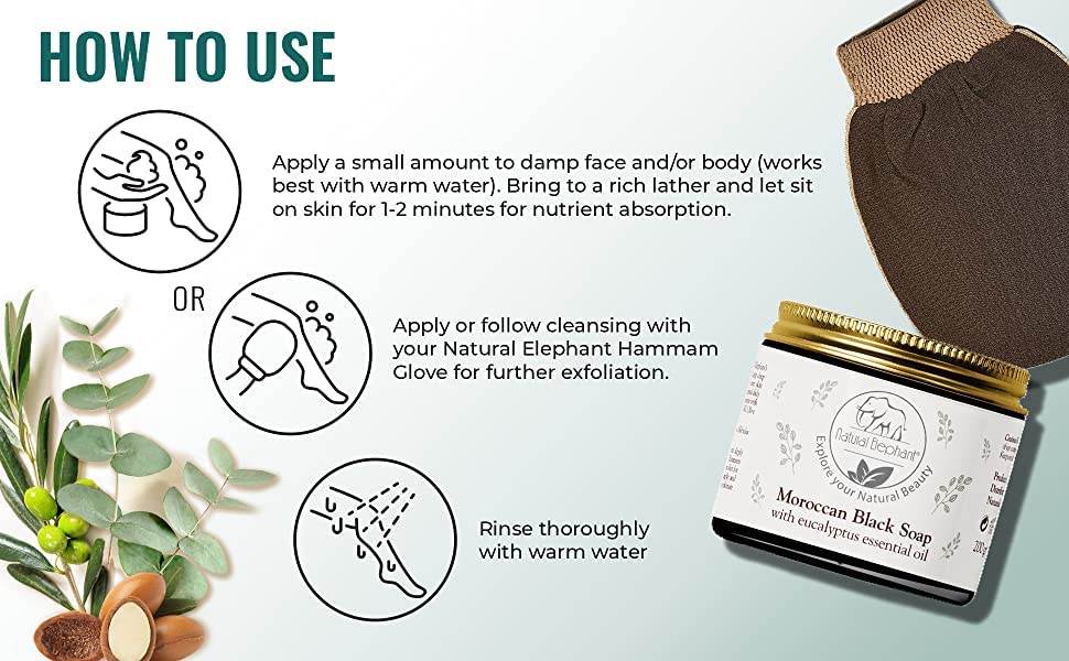 Natural Elephant Moroccan Black Soap With Eucalyptus Essential Oil 200G (7Oz)