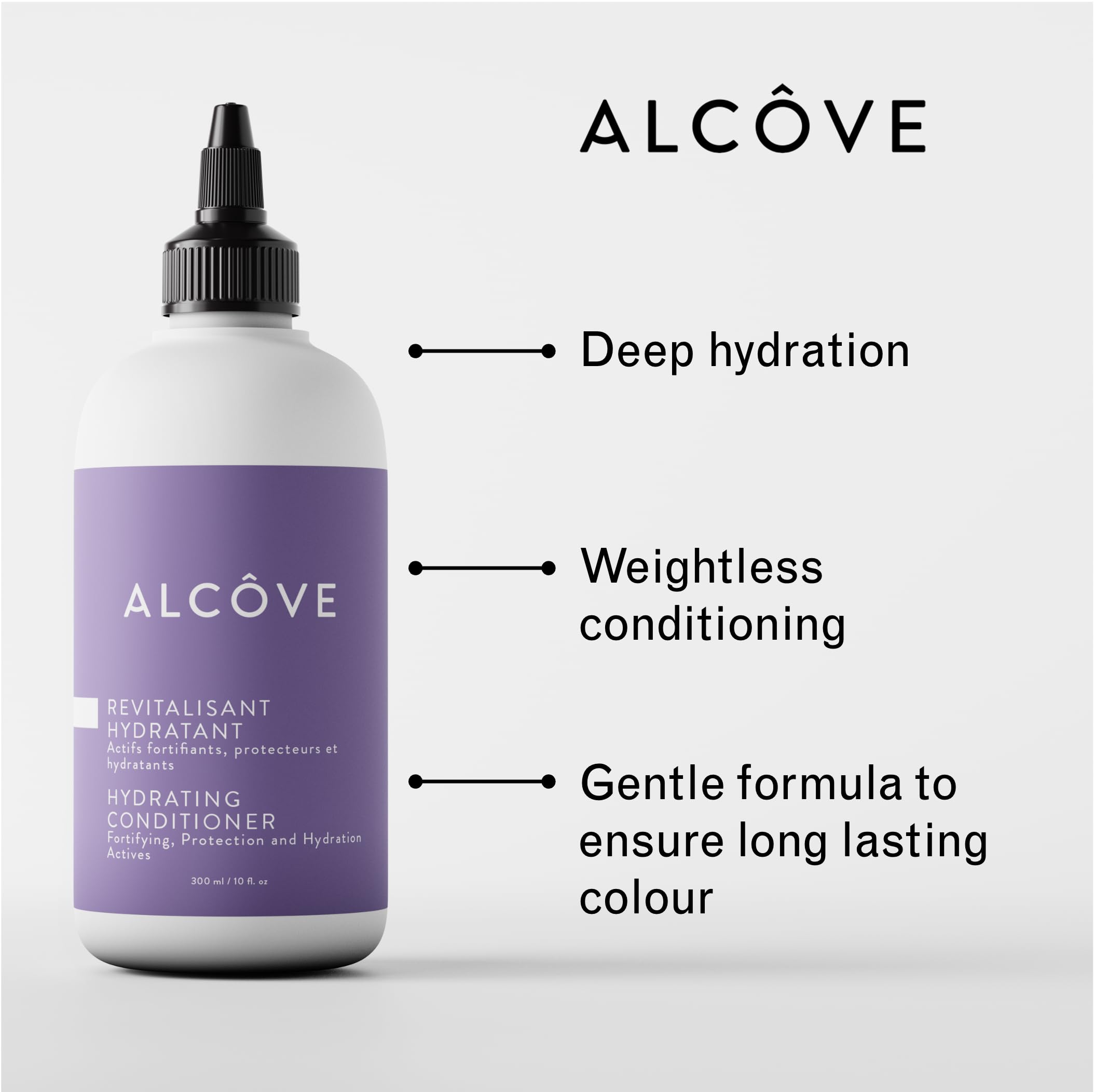 Alcôve - Hydrating Conditioner - Moisturizing & Nourishing - Helps hydrate Damaged Hair - Anti-frizz properties - Lightweight Formula - Made with Argan Oil - Color Safe - Sulfate Free - Vegan - 300ml