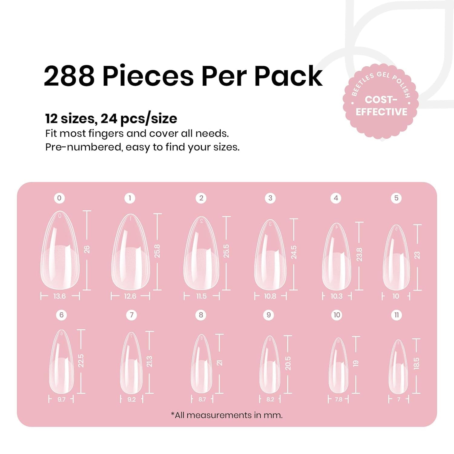 Beetles Gel Nail Tips Medium Almond Etch X Nail Tips, 12 Sizes 288 PCS Half Matte Full Cover False Nails Clear Acrylic Nails Glue on Nails DIY Gift for Women