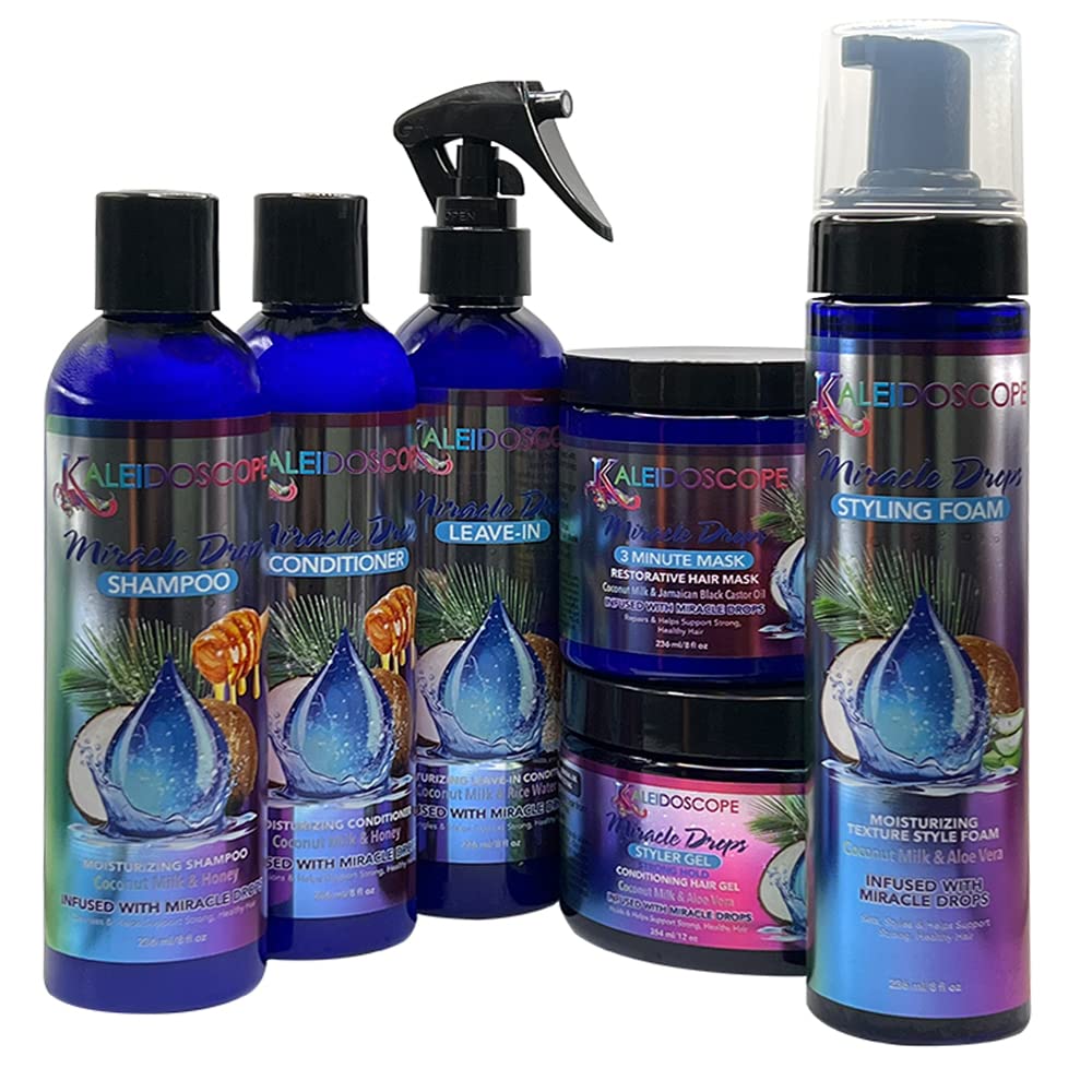 Kaleidoscope - Miracle Drops Collection – Coconut Milk, Honey & Aloe Vera, Rice Water Moisturizing Blend – Shampoo, Conditioner, Leave-In Conditioner, 3 Minute Mask, Styling Gel, Styling Foam – Hair C