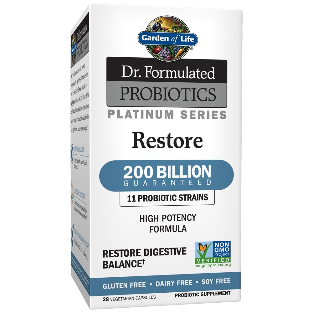 Garden of Life Dr. Formulated Probiotics Platinum Series Restore 200 Billion CFU High Potency Formula, Vegan, Non-GMO, Gluten, Dairy & Soy Free Digestive Immune Probiotic Support, 28 Capsules