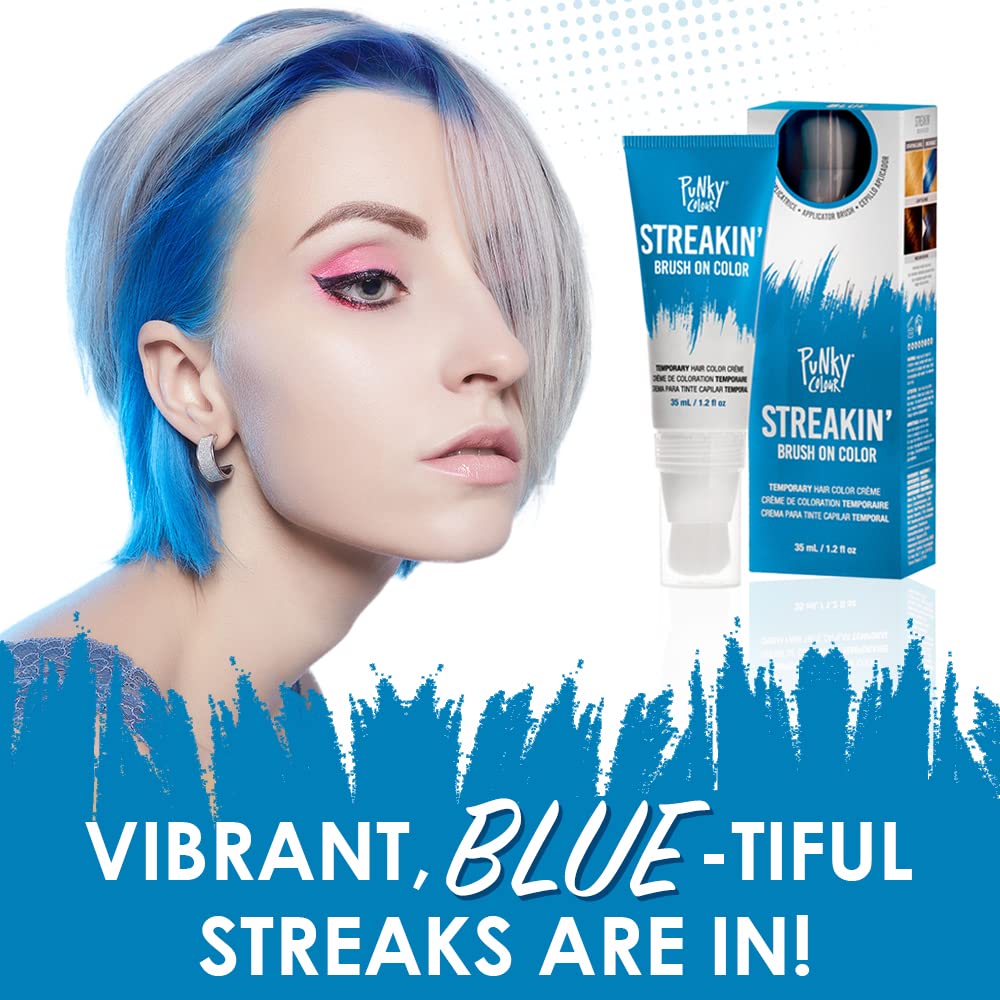 Punky Colour Streakin' Brush on Color Blue, Temporary Hair Color Creme, Instant, DIY Hairstyle, Vibrant, Soft Hold, Men Women Kids, Easy-Squeeze Tube, 1.2 fl oz