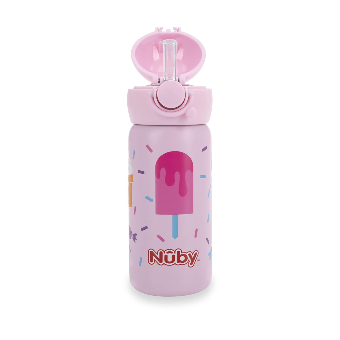 Nuby Thirsty Kids No Spill Flip-It Active Stainless Steel Travel Cup, 14 Oz, Ice Cream