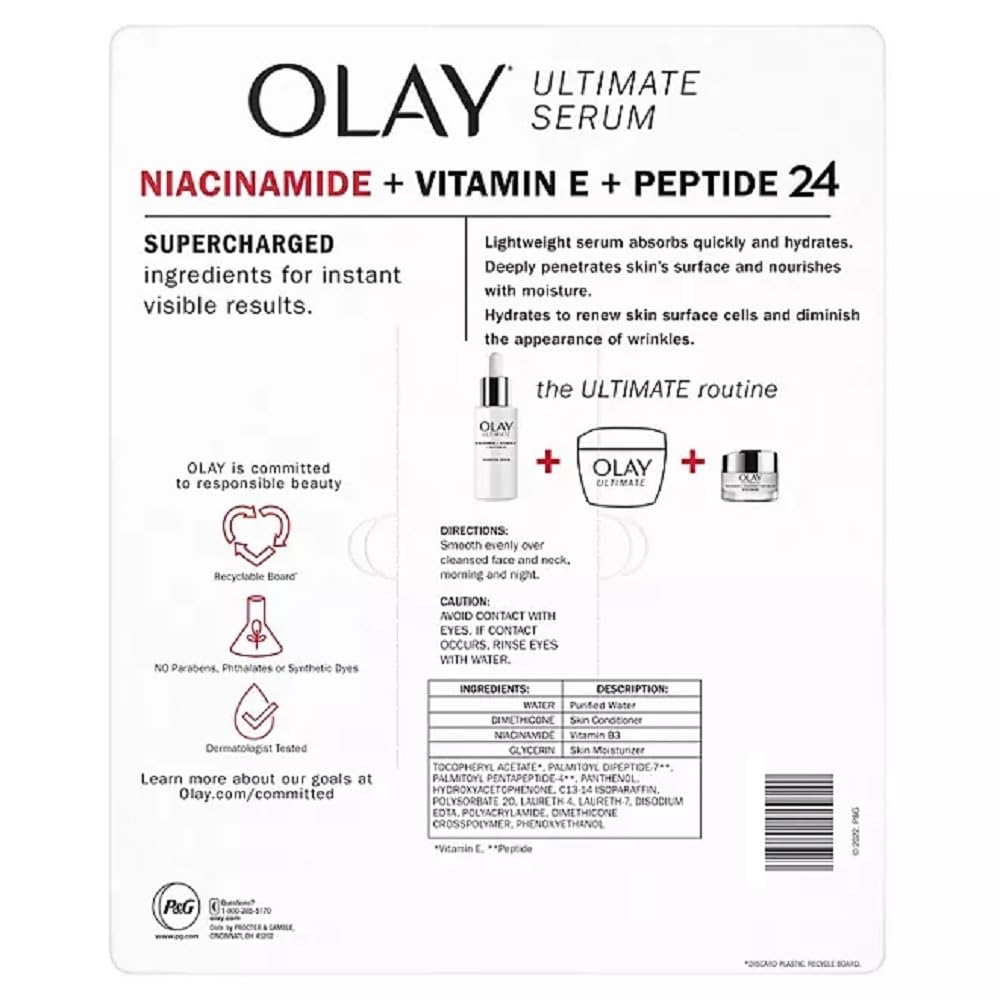 Olay Ultimate Niacinamide + Vitamin E + Peptide 24 Hydrating Serum, Fragrance Free, 1.3 Fl Oz (Pack of 2)