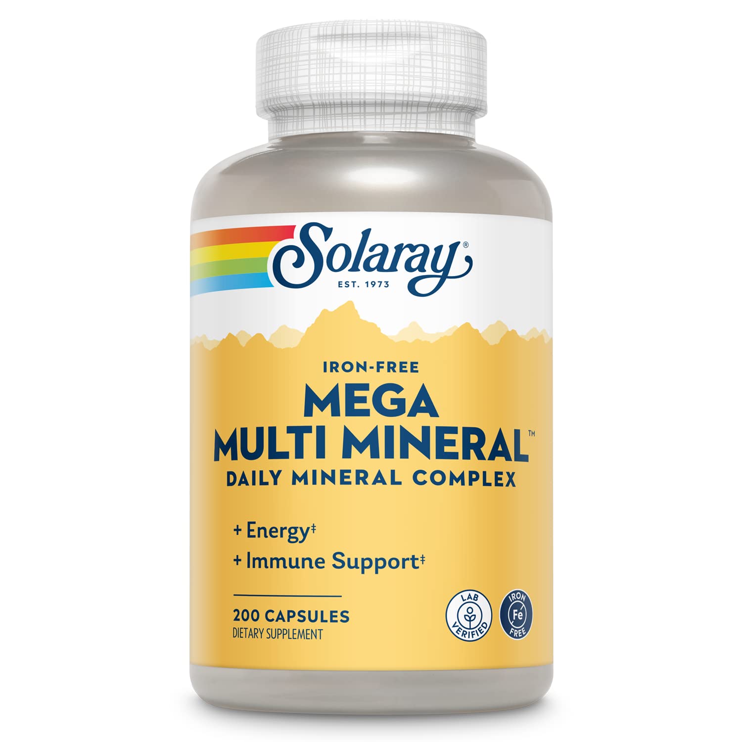 SOLARAY Iron-Free Mega Multi Mineral - Daily Mineral Complex w/Calcium, Magnesium, Zinc and More, Absorbable Chelated Forms, Energy and Immune Support, 60-Day Guarantee, 50 Servings, 200 Capsules