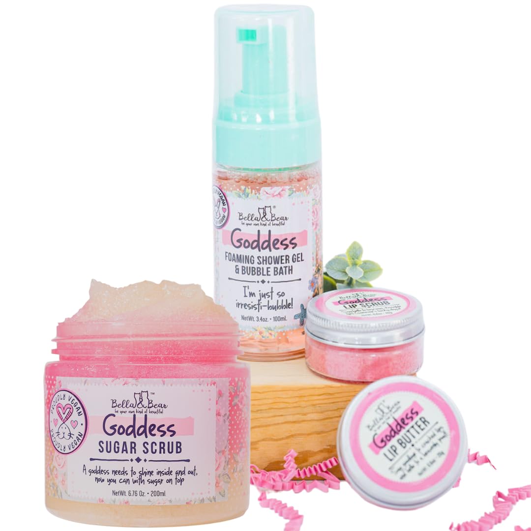 Bella & Bear Goddess MIdi Bath & Body Gift Set with Foaming Shower Gel & Bubble Bath, Body Scrub & Lip Scrub and Lip Butter - Gift - Women - Great for Easter gifts or Mothers Day basket.