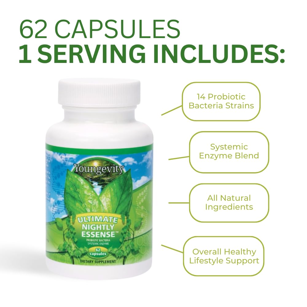 Youngevity Ultimate Nightly Essense - Probiotics with Enzymes - 14 + Strains - Systemic Enzymes - Cutting Edge - 62 Capsules (Pack of 1)
