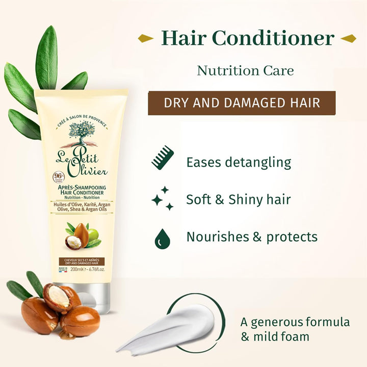 Le Petit Olivier Nutrition Hair Conditioner - Olive, Shea, Argan Oils - Detangles And Repairs - Enhances Softness And Elasticity Of The Hair - Suitable For Dry And Damaged Hair - 6.76 Oz