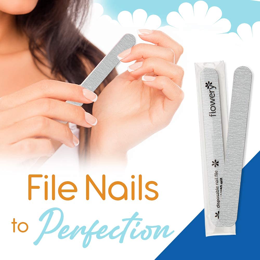 Flowery Disposable Nail File Cushion Core 100/180 Grit, Silver, Pack of 100