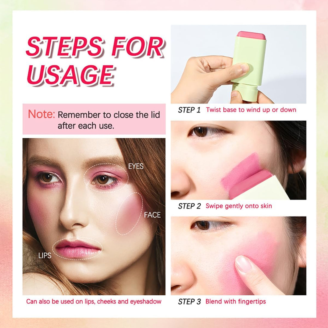 Tiejdhr Multi-Use Makeup Blush Stick, 3-in-1 Cream Blush Stick Beauty Tinted Solid Blush Stick for Cheek/Eyes/Lips, Waterproof Moisturizer Stick, Suitable for All Skin (01# Shy Pink)