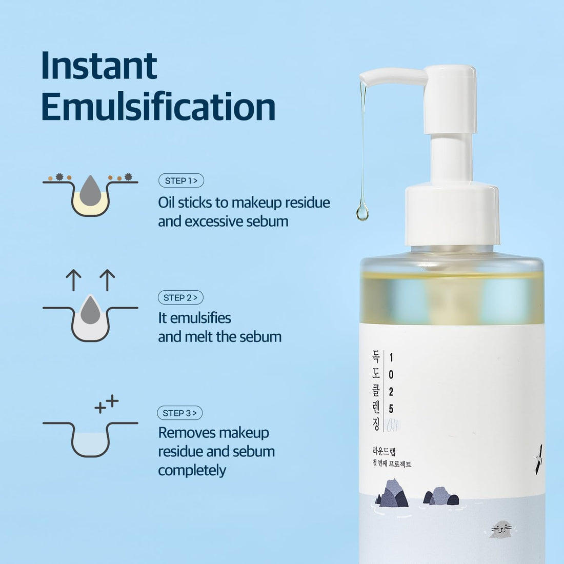 ROUND LAB 1025 Dokdo Cleansing Oil 6.76 Fl Oz, Facial Oil Cleanser for Face, Deep Pore Cleansing, Makeup Blackhead Impurities Remover, Easy to Wash Off No Oily Residue, Korean Skin Care