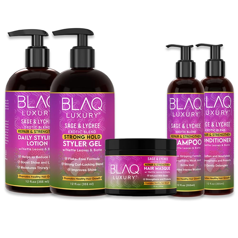 Blaq Luxury Sage & Lychee Wash and Style Gift Bundle with Biotin and Nettle | Strengthening Shampoo, Conditioner, Hair Masque, Daily Styling Lotion and Strong Hold Styler Gel