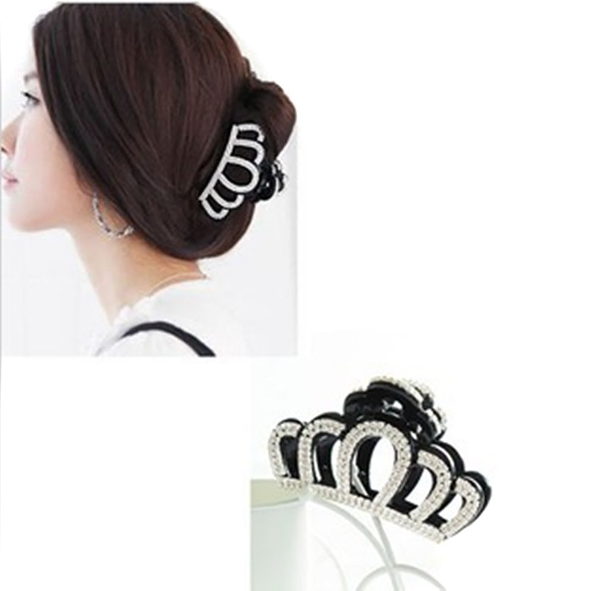 Women Elegant Crown Shape Large Rhinestone Crystal Hair Clip Jaw Clip Lady Hairpin Hair Claw Hair Accessories (Black)