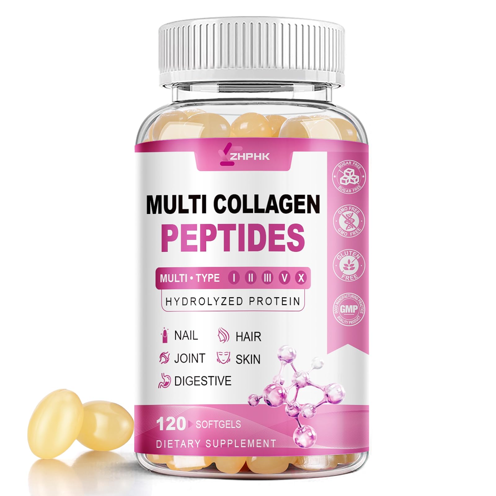 ZHPHK Multi Collagen Peptides for Women Hydrolyzed Collagen Complex Softgels 2000mg Collagen Supplement Type I II III V X with Hyaluronic Acid Biotin Vitamin C - Support Skin Hair Nail | 120 Count