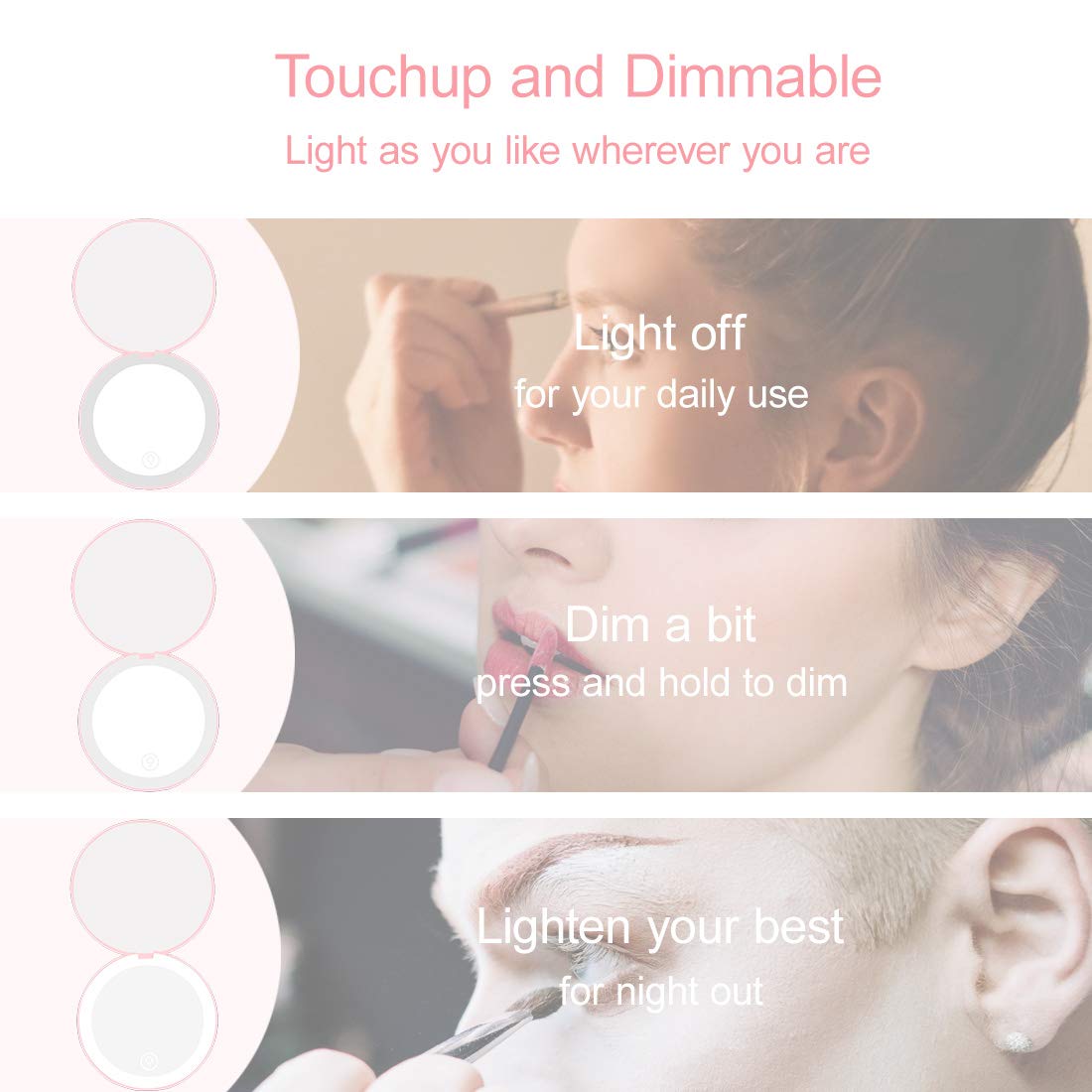 Milishow Compact Mirror with LED Light,1x/10x Magnifying Rechargeable Mirror,3.5in, Dimmable Travel Mirror for Purse,Pocket,Handheld 2-Sided Makeup Mirror