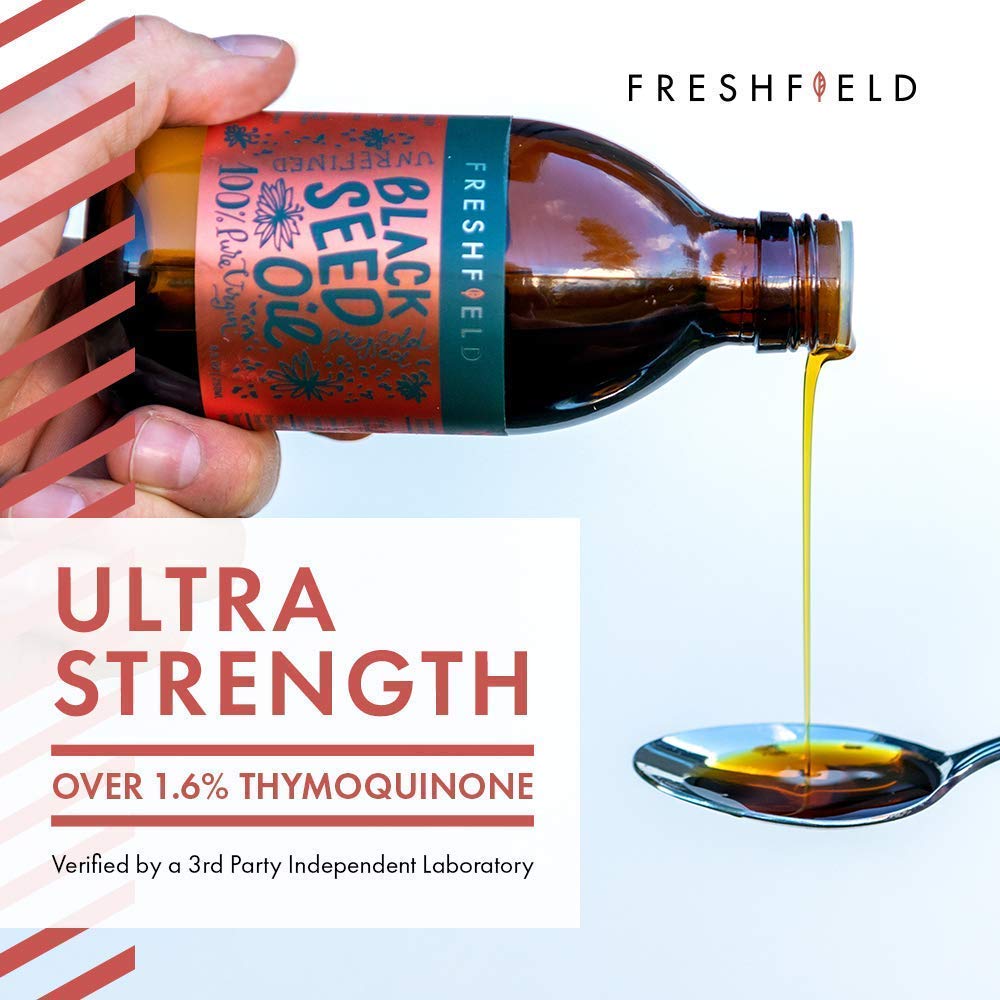 Freshfield Black Seed Oil | Vegan Friendly Up to 3X The Thymoquinone, Premium (Black Cumin Seed Oil, Nigella Sativa) | Cold Pressed | Ultra Strength | Pure and 100% Natural. 8 oz Liquid