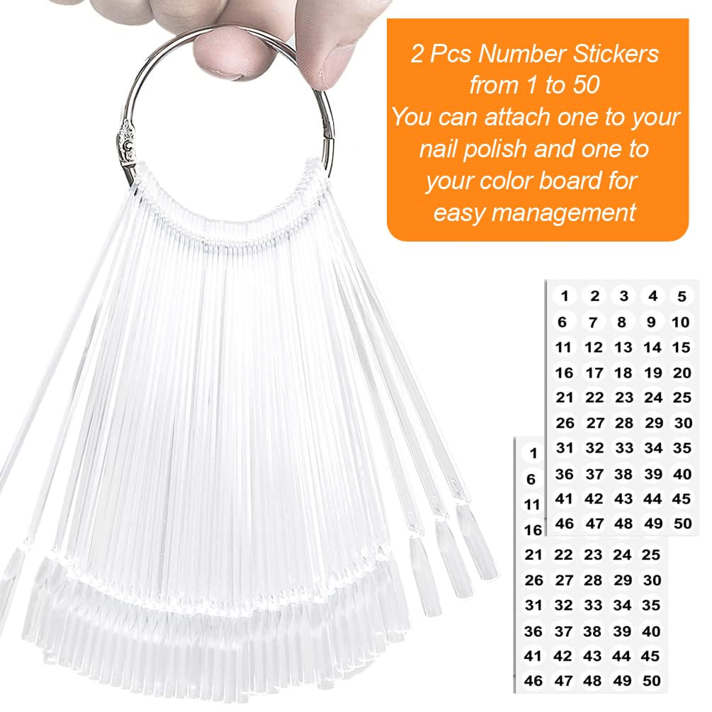 JASSINS 50 Pcs Nail Swatch Sticks with Ring and Numbered Tips - Clear Fan-shaped Display for Nail Art Polish Practice