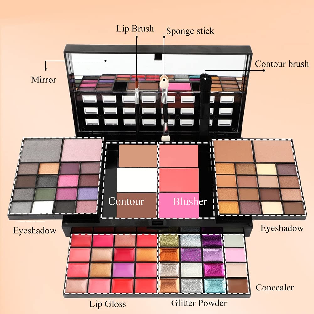 74 Colors Makeup Kit All In One Makeup Gift Set including 36 Eyeshadow Makeup,16 Lip Gloss,12 Glitter Cream, 4 Concealer, 3 Blusher,1 Bronzer, 2 Highlight and Contour - Makeup Kits for Women Full Kit