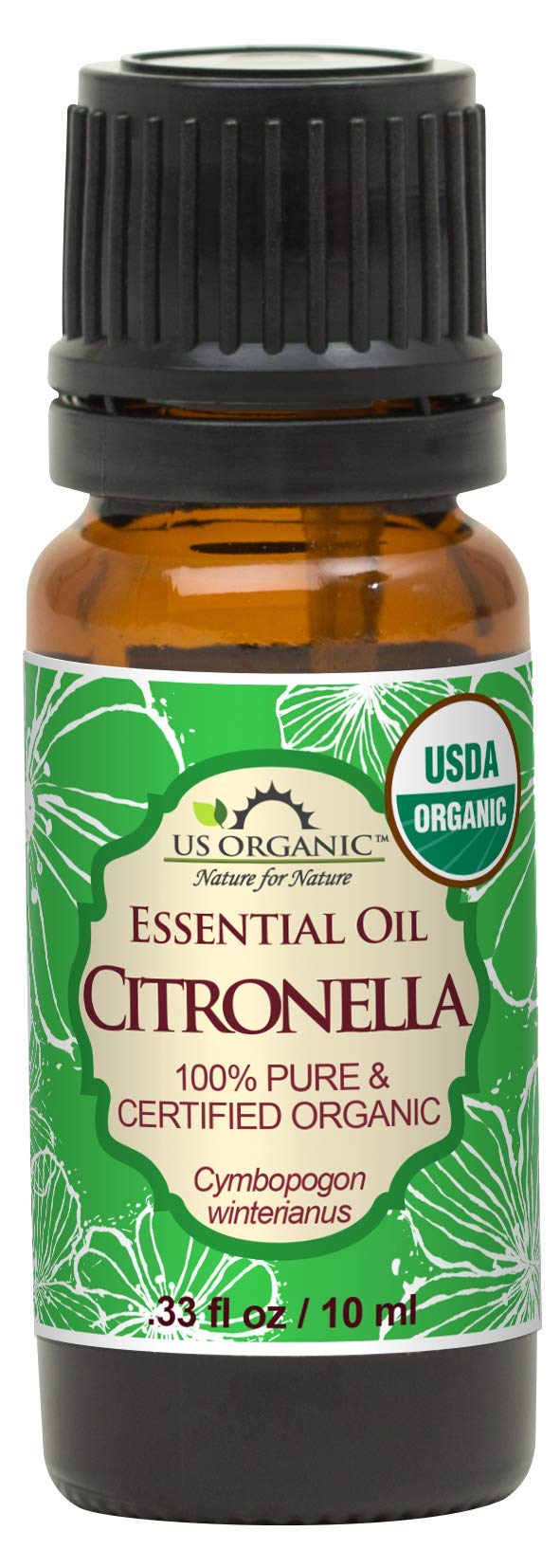 US Organic Citronella Essential Oil, USDA Certified, 100% Pure, 10 ml, Improved caps and droppers - Used for Skin care, Mosquito repellent, DIY Projects like Candle Making and much more