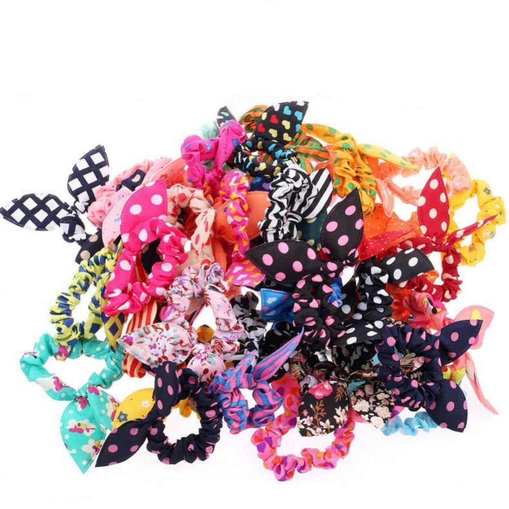 AKOAK 20 Pcs Per Pack Lovely Baby Girl's Rabbit Ear Hair Tie Bands Polka Dot Leopard Trip Ponytail Holder