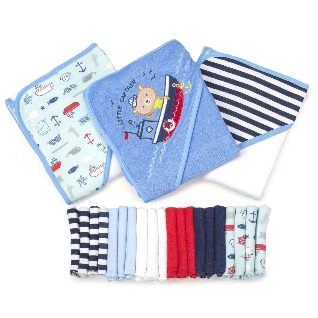 Spasilk Bath Hooded Towels & Washcloths Set for Babies, 23-Piece Gift Set, Navy Nautical, (Gift GBA23 2201)