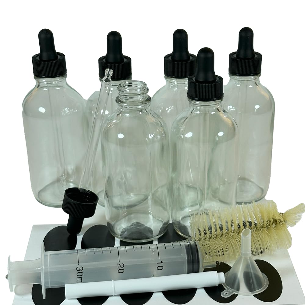 PIPIBA Round Drip Tip Glass Eye Droppers, 6Pack 4oz (120ml) Round . Essential Oil Glass Bottle. For Lab Bottles (Clear)