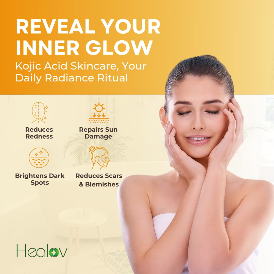 Kojic Acid Skincare Set – Kojic Soap Cleanser, Exfoliating Body Scrub, Face Cream & Brightening Facial Serum – Skin Brightening Hyperpigmentation Treatment, Dark Spot Corrector – with Turmeric Papaya