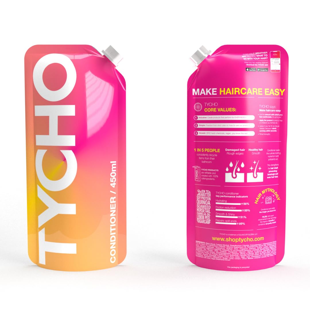 TYCHO Conditioner Refill Pouch 450ml (15.22 fl oz) - Hair Conditioner for Damaged Dry Hair Ideal for Refillable Shampoo & Conditioner Systems | Conditioner for Dry Hair, PH Balanced & Shine