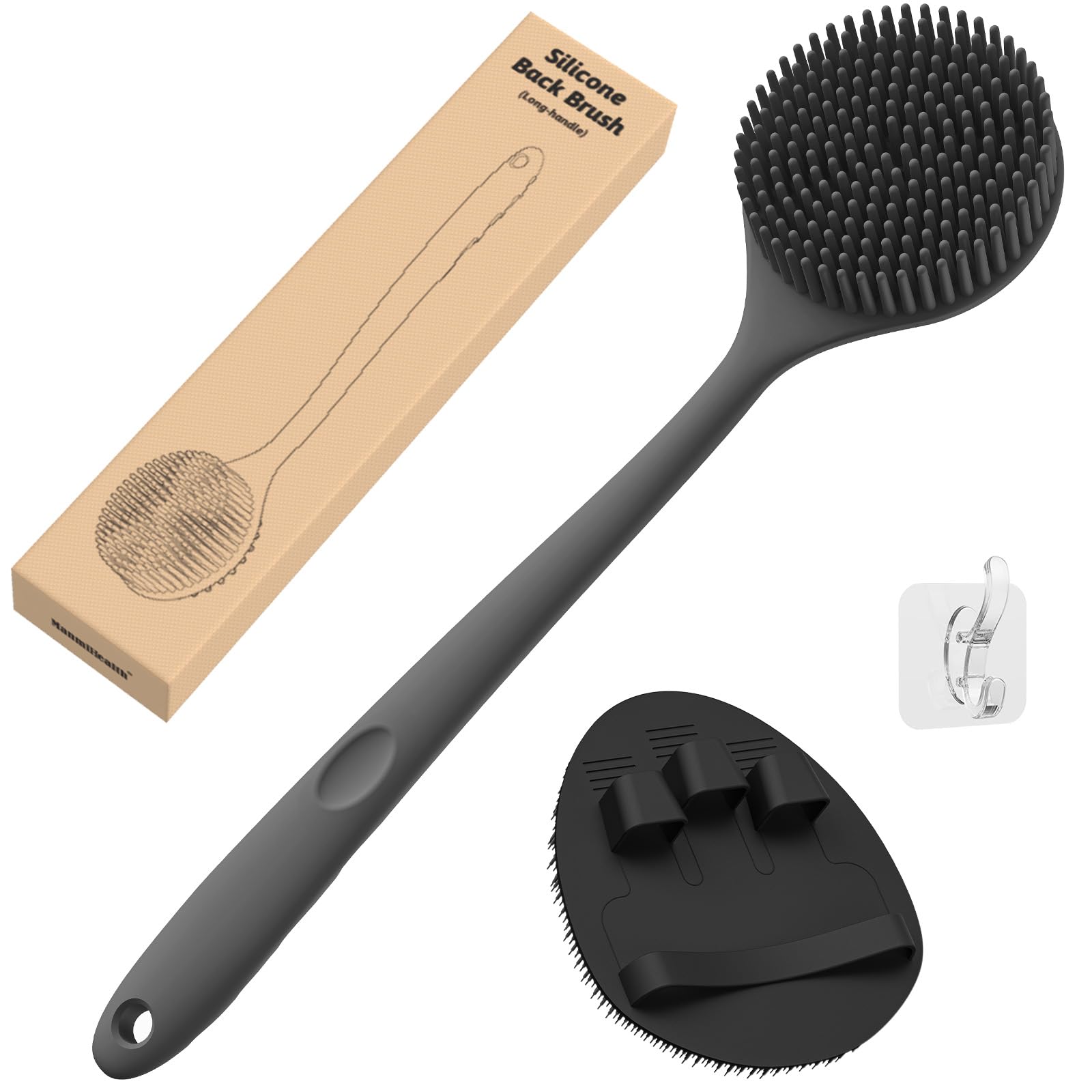 ManmiHealth Silicone Back Scrubber(Thick Bristles) & Soft Bath Glove Set, Super-Exfoliating Body Scrubber & Super-Lathering Shower Brush Combination, with a Free Hook.(Black)