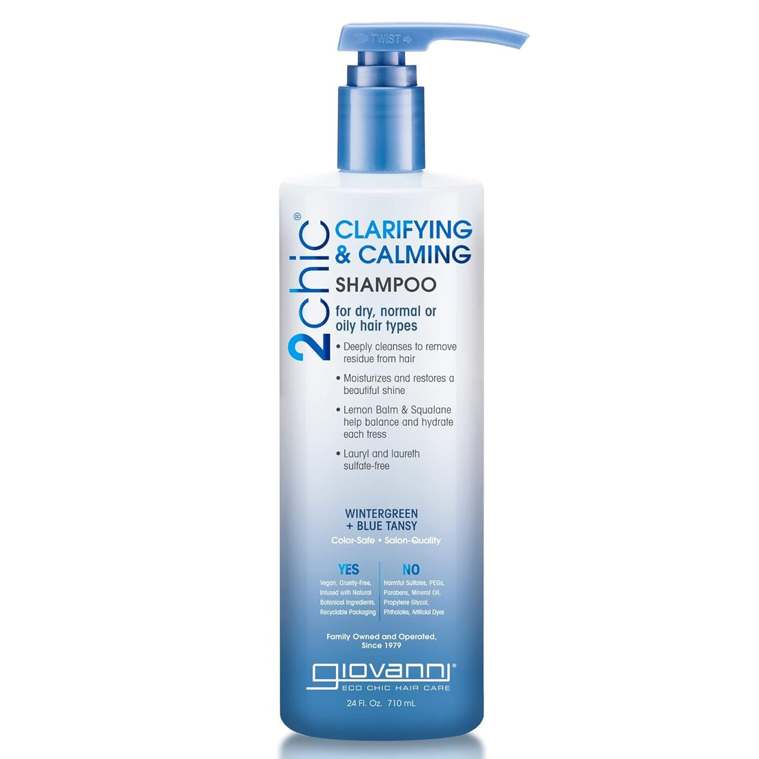GIOVANNI 2chic Clarifying & Calming Shampoo - Clarifying Shampoo for Build Up, Helps Remove Residue, Lemon Balm & Squalane Balance & Hydrate, Sulfate Free - Wintergreen & Blue Tansy, 24 oz
