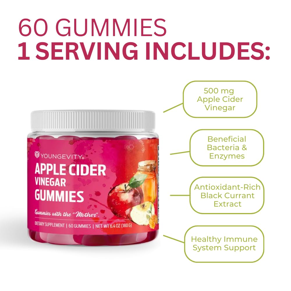 Youngevity Apple Cider Vinegar Gummies 500mg w/Raw ACV from The Mother, Detox Cleanse and Support Immunity, - 60 Gummy Vitamins