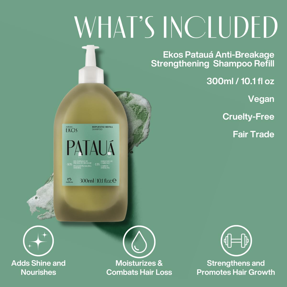natura Ekos Patauá Hair Anti-Breakage Restrengthening Shampoo Refill - Prevent Hair Loss - Fortify Roots & Strands - Vegan Hair Care - Brazilian Beauty Secrets - Personal Care - 10.1 fl oz (300ml)