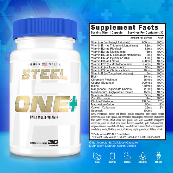 Steel Supplements ONE+ | Once Daily Multivitamin for Men and Women | Mineral Supplement for Micronutrients | Vitamins A B C D E, Biotin, Spectra, Zinc, Magnesium | 30 Day Supply